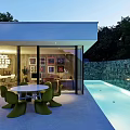 Modern Detached Villa With Large Glass Facade Swimming Pool And Outdoor Yellow Dining Set