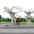 Modern Flower Shaped White Pergola In Outdoor Park With Green Trees And Open Plaza
