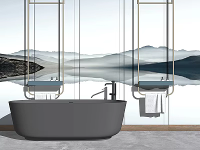 Gray Freestanding Bathtub In Modern Bathroom With Double Mirrors And Landscape Backdrop 3d model