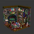 Enchanted Wizard Study Interior With Stone Fireplace Wooden Bookshelf Colorful Bottles And Cauldron