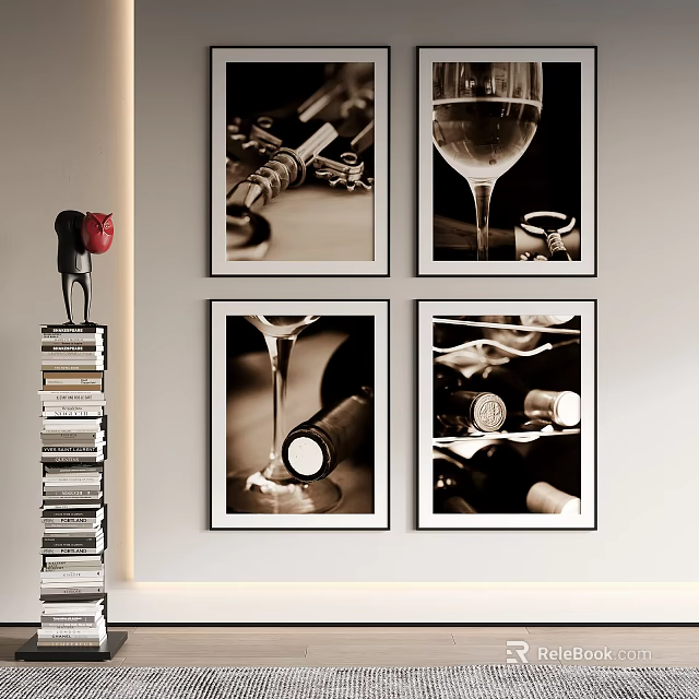 Black And White Framed Wall Art With Wine Glass Bottle Ring And Stacked Books Decoration 3d model 
