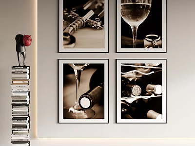 Black And White Framed Wall Art With Wine Glass Bottle Ring And Stacked Books Decoration 3d model
