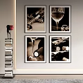 Black And White Framed Wall Art With Wine Glass Bottle Ring And Stacked Books Decoration