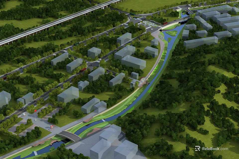 Scenic Waterfront Landscape with Winding River Lush Greenery Modern Buildings and Pedestrian Paths 3d model 