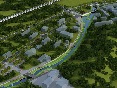 Scenic Waterfront Landscape with Winding River Lush Greenery Modern Buildings and Pedestrian Paths 3d model
