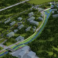 Scenic Waterfront Landscape with Winding River Lush Greenery Modern Buildings and Pedestrian Paths