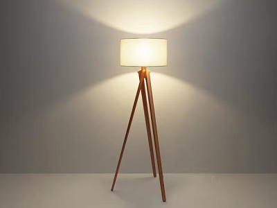Modern Wooden Tripod Floor Lamp with White Lampshade in Gray Wall and Soft Lighting Effect 3d model