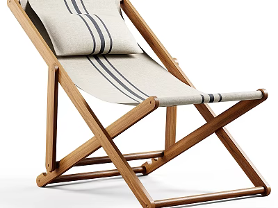 Wooden Folding Leisure Chair With Light Colored Fabric And Striped Cushion 3d model