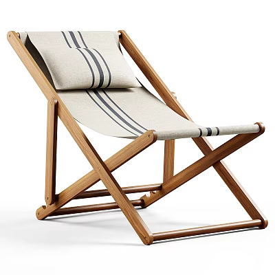 Wooden Folding Leisure Chair With Light Colored Fabric And Striped Cushion 3d model