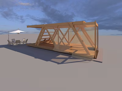 Outdoor Wooden Garden Structure with Seating Area and Umbrella in Open Space 3d model