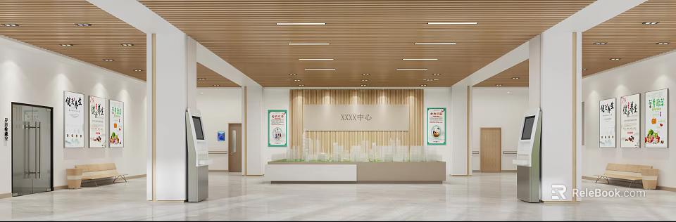 Modern Hospital Outpatient Clinic Lobby With Reception Desk Information Posters Building Model And Wooden Ceiling 3d model 