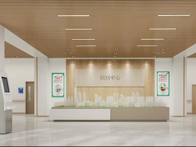Modern Hospital Outpatient Clinic Lobby With Reception Desk Information Posters Building Model And Wooden Ceiling 3d model
