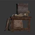 Rustic Long Wooden Table Setup With Basket Cloth Bread Vintage Cabinet And Stool 3d model