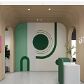 Modern Clinic Education Reception Area With Green Front Desk And Geometric Wall Design