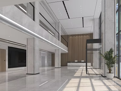 Modern Office Reception Area With Sleek Marble Front Desk Wooden Accent Wall And Large Windows 3d model