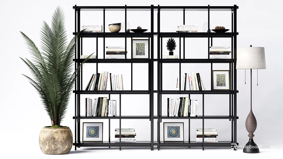 Black Open Shelf Bookcase With Books Decorative Bowl Small Plant Framed Art And Floor Lamp 3d model 