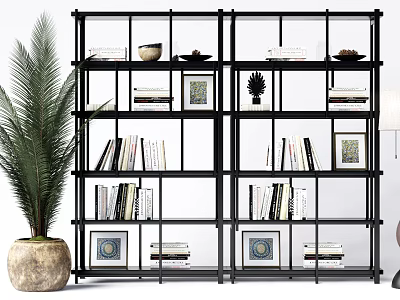 Black Open Shelf Bookcase With Books Decorative Bowl Small Plant Framed Art And Floor Lamp 3d model