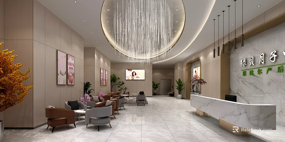 Luxury SPA Sauna Reception Area With Modern Design Crystal Chandelier Sofas Plants And Marble Counter 3d model 