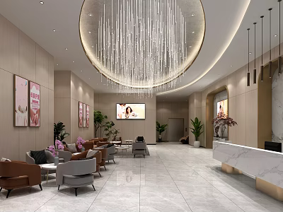 Luxury SPA Sauna Reception Area With Modern Design Crystal Chandelier Sofas Plants And Marble Counter 3d model