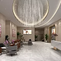Luxury SPA Sauna Reception Area With Modern Design Crystal Chandelier Sofas Plants And Marble Counter