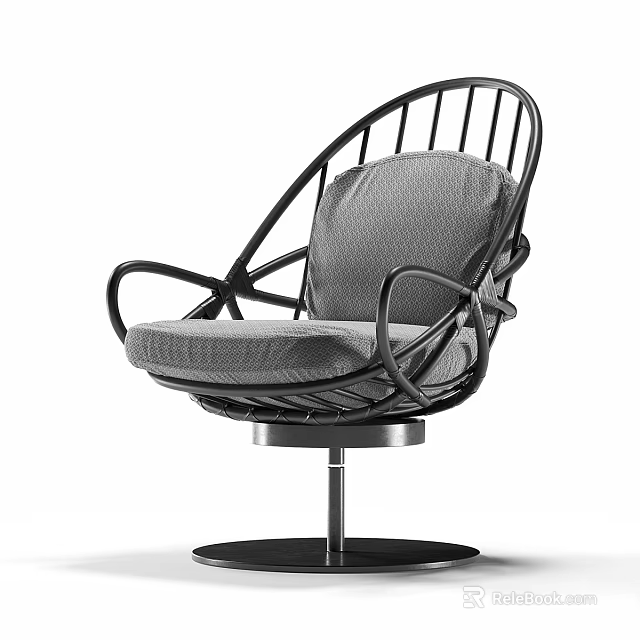 Modern Leisure Chair With Black Metal Frame Swivel Base And Gray Fabric Cushion 3d model 