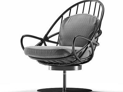 Modern Leisure Chair With Black Metal Frame Swivel Base And Gray Fabric Cushion 3d model
