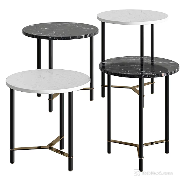 Modern Round Side Tables With Marble Tabletop Black Metal Legs And Golden Frame 3d model 