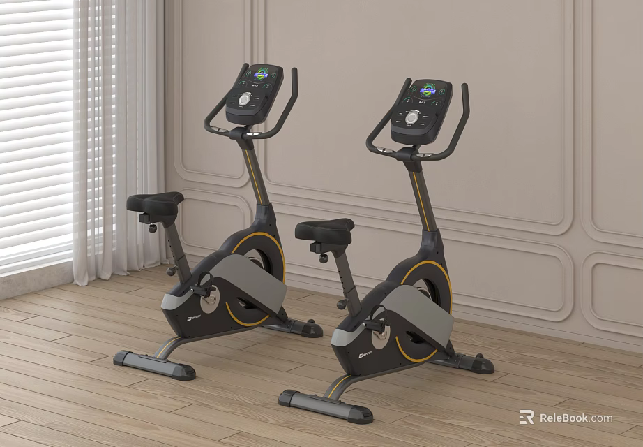 Indoor Stationary Exercise Bikes on Wooden Floor with Light Colored Walls 3d model 