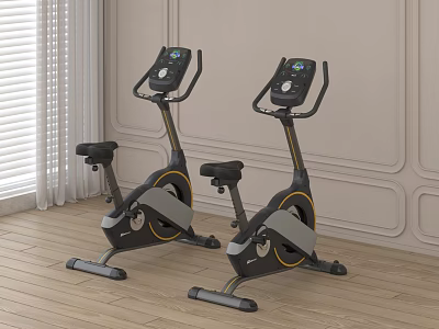 Indoor Stationary Exercise Bikes on Wooden Floor with Light Colored Walls 3d model