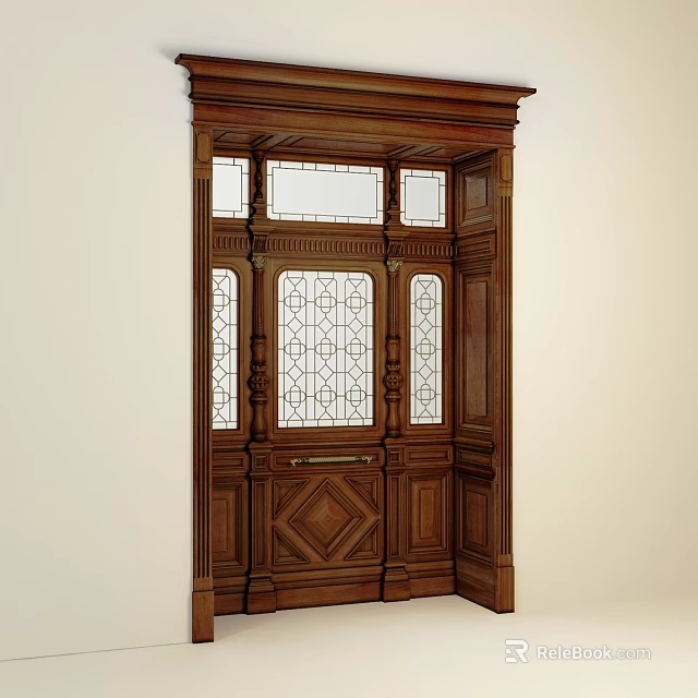 Ornate Wooden Door With Intricate Carvings And Decorative Glass Panels 3d model 
