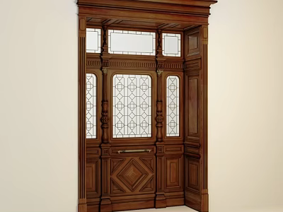 Ornate Wooden Door With Intricate Carvings And Decorative Glass Panels 3d model