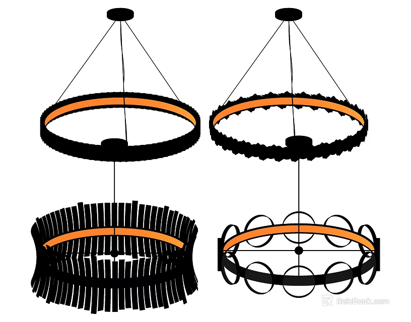 Different Modern Circular Chandelier Designs With Black Frame And Orange Accent Details 3d model 