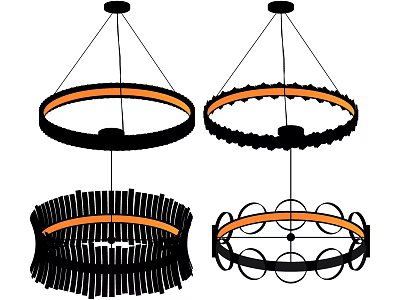 Different Modern Circular Chandelier Designs With Black Frame And Orange Accent Details 3d model