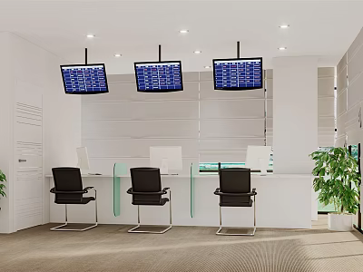 Modern Service Hall With Three Hanging Displays White Walls Counter Black Chairs And Green Plant 3d model