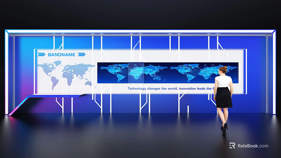 Modern Blue Background Wall With Display Screens World Maps And Brand Name 3d model 