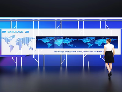 Modern Blue Background Wall With Display Screens World Maps And Brand Name 3d model