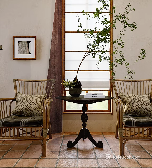 Cozy Indoor Scene With Wicker Chairs Small Table And Green Plant Near Window 3d model 