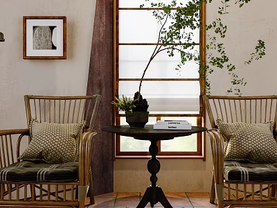 Cozy Indoor Scene With Wicker Chairs Small Table And Green Plant Near Window 3d model