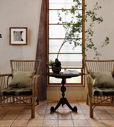 Cozy Indoor Scene With Wicker Chairs Small Table And Green Plant Near Window 3d model