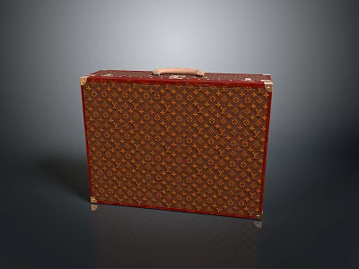 Vintage Style Suitcase With Red Trim Brown Patterned Surface And Wooden Handle 3d model