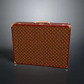 Vintage Style Suitcase With Red Trim Brown Patterned Surface And Wooden Handle