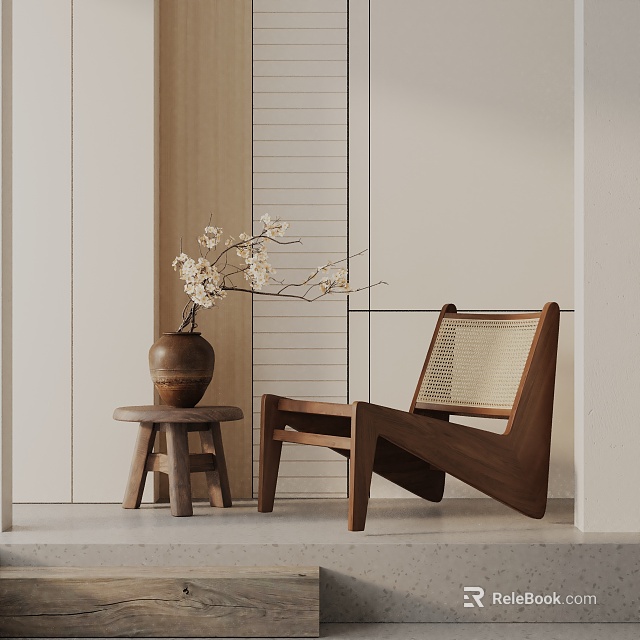 Wooden Accent Chair with Woven Backrest Small Stool and Flower Vase on Neutral Toned Floor 3d model 