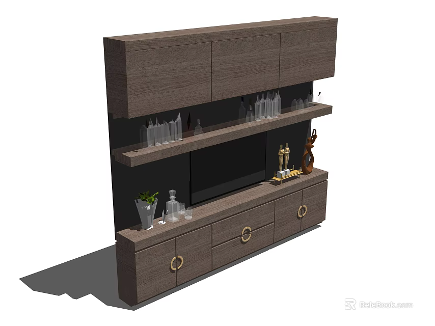 Modern Wooden Wine Cabinet With Open Shelves Drawers Wine Bottles And Decorative Items 3d model 