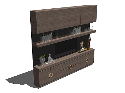 Modern Wooden Wine Cabinet With Open Shelves Drawers Wine Bottles And Decorative Items 3d model