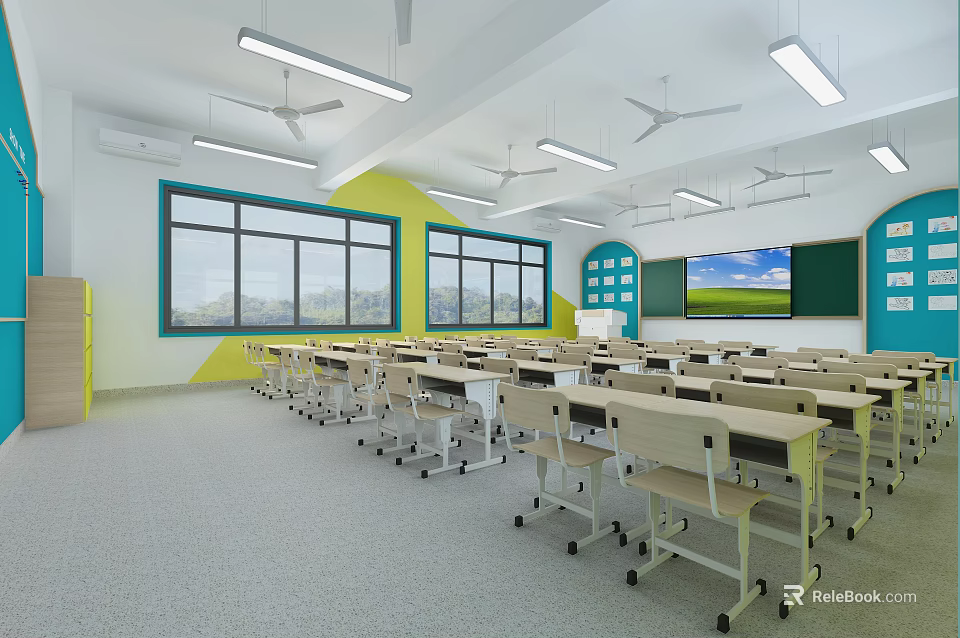 Kindergarten Classroom With Colorful Walls Desks Chairs Windows Blackboard Ceiling Fans And Lighting 3d model 
