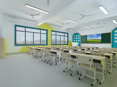 Kindergarten Classroom With Colorful Walls Desks Chairs Windows Blackboard Ceiling Fans And Lighting 3d model