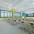 Kindergarten Classroom With Colorful Walls Desks Chairs Windows Blackboard Ceiling Fans And Lighting