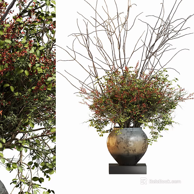 Potted Bonsai Plant With Various Branches Green Leaves Textured Metallic Pot And Black Base 3d model 