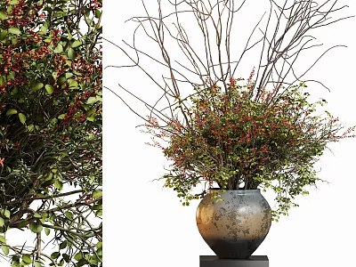 Potted Bonsai Plant With Various Branches Green Leaves Textured Metallic Pot And Black Base 3d model