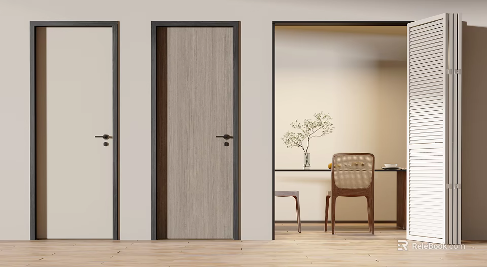 Three Modern Hinged Doors in Light and Wood Tones with Black Frames for Interior Design 3d model 